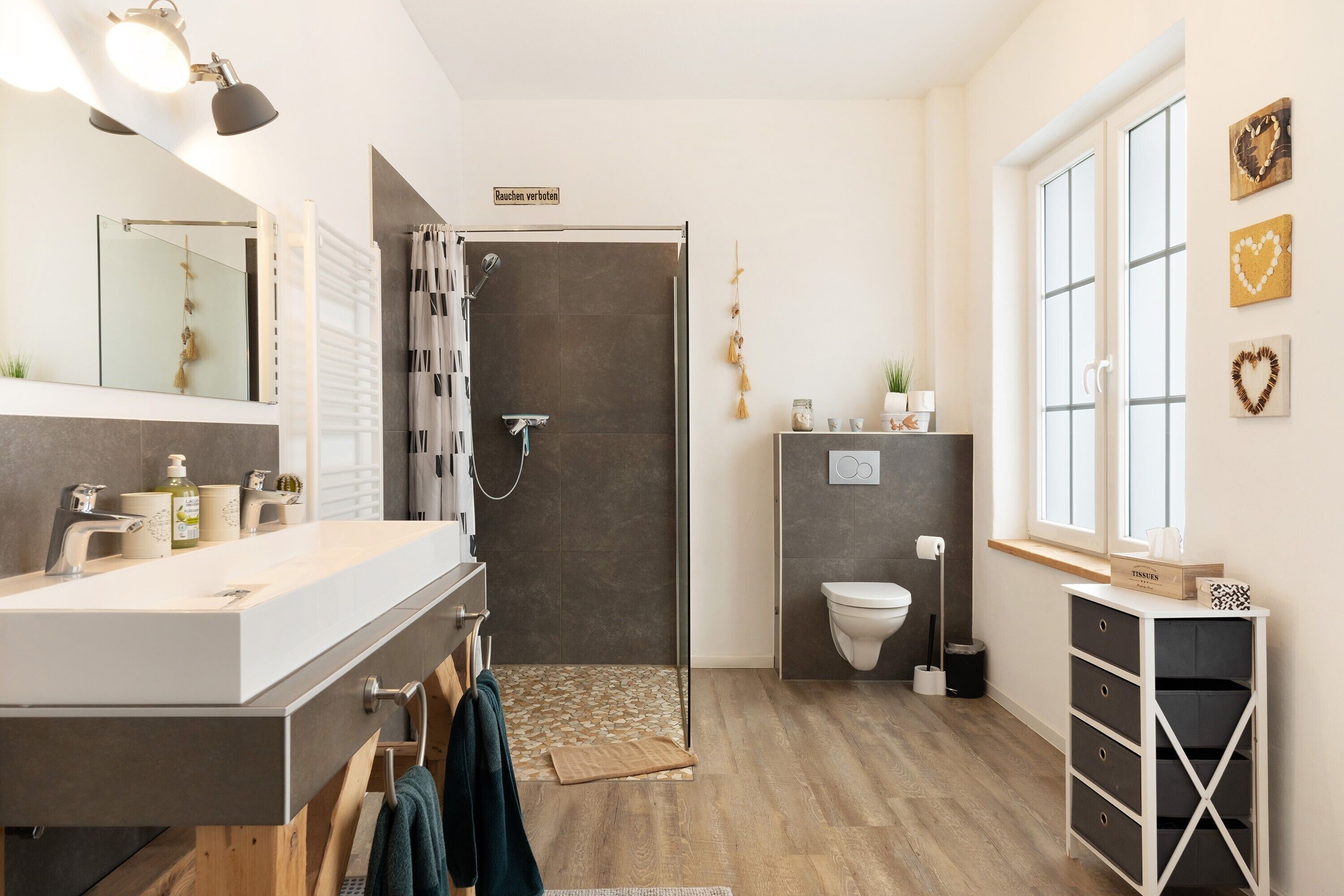 Shower, hair dryer, towels