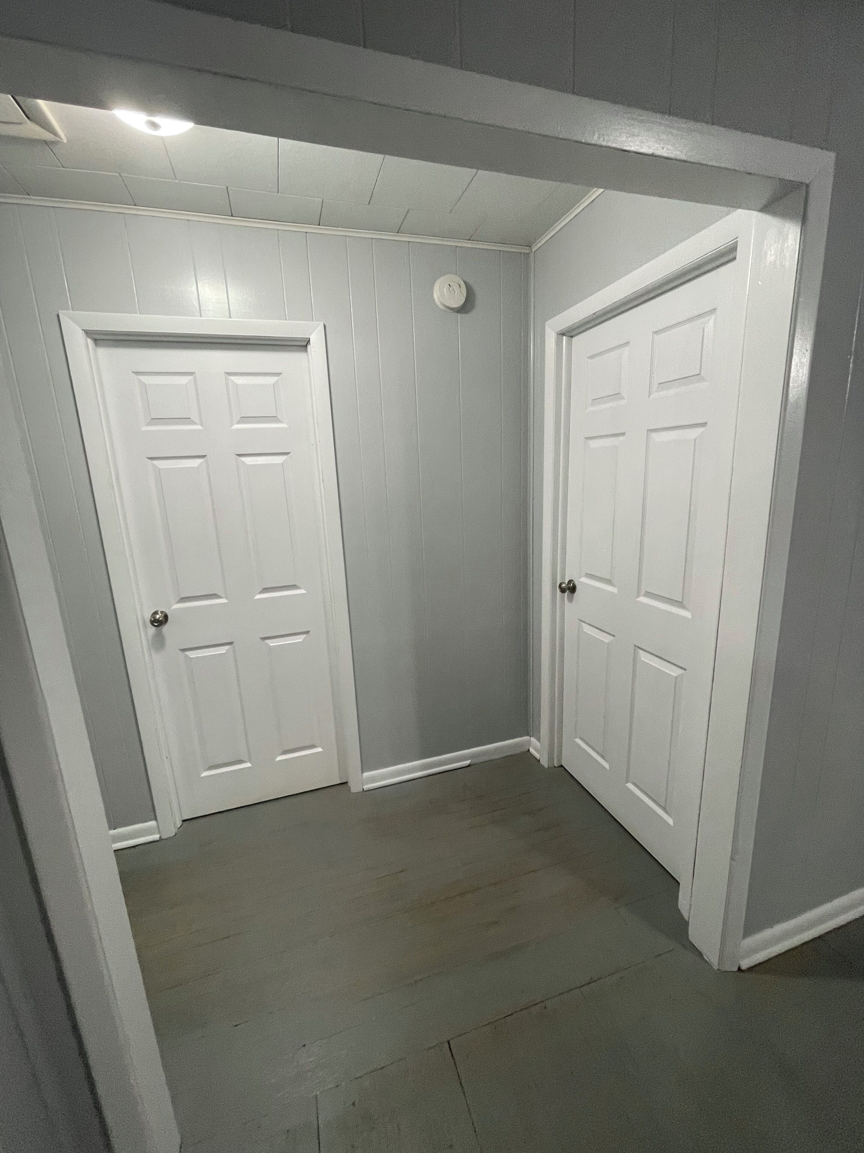 A corner room with two white doors, a ceiling light, and a small vent.