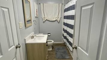 Une petite salle de bain avec un meuble-lavabo en bois, des toilettes et un rideau de douche.