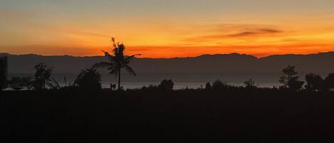 Un atardecer sobre un paisaje costero con siluetas de palmeras y montañas a lo lejos.