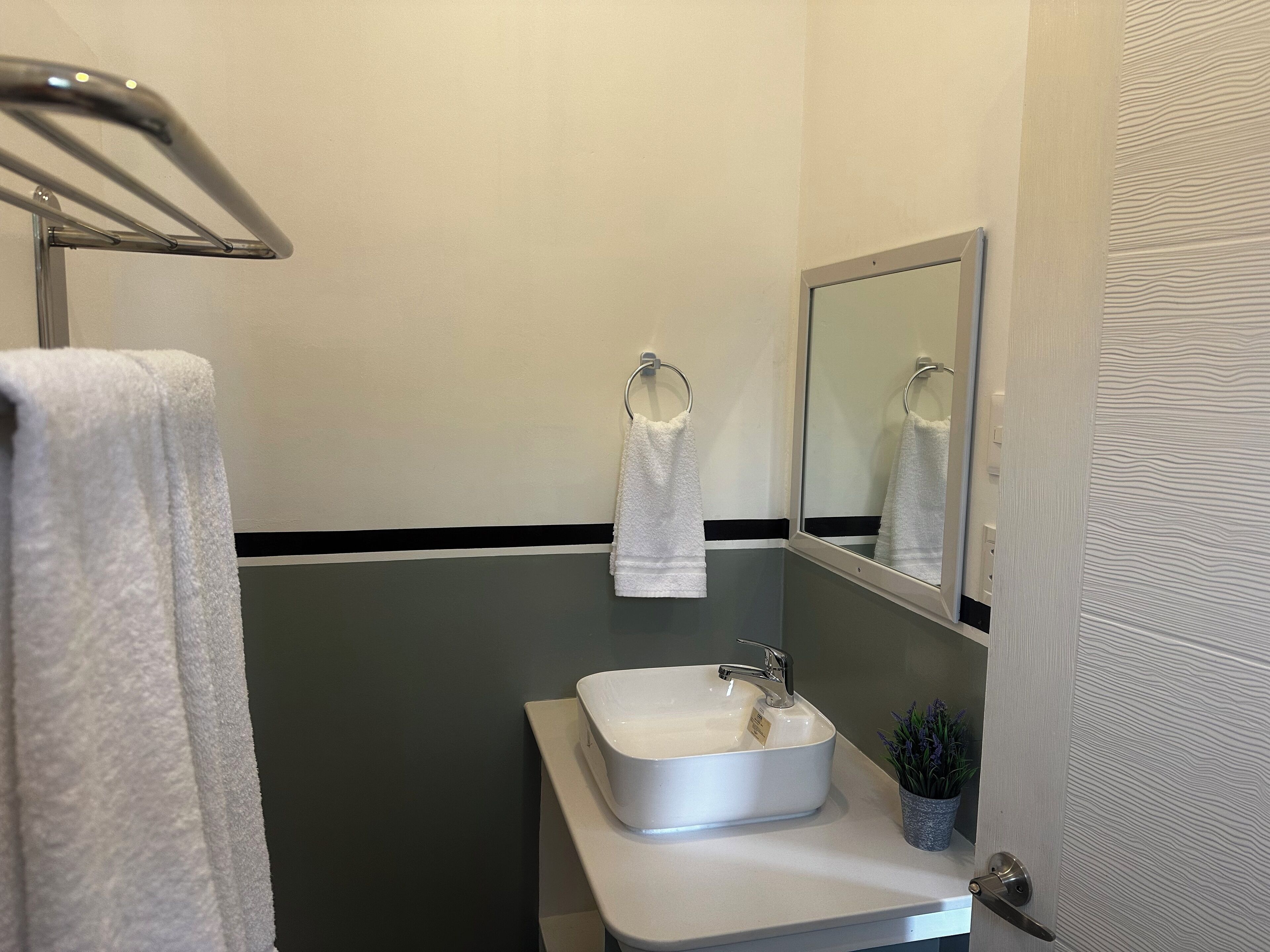 Un bany amb un lavabo blanc, un mirall i una barra per a tovalloles.