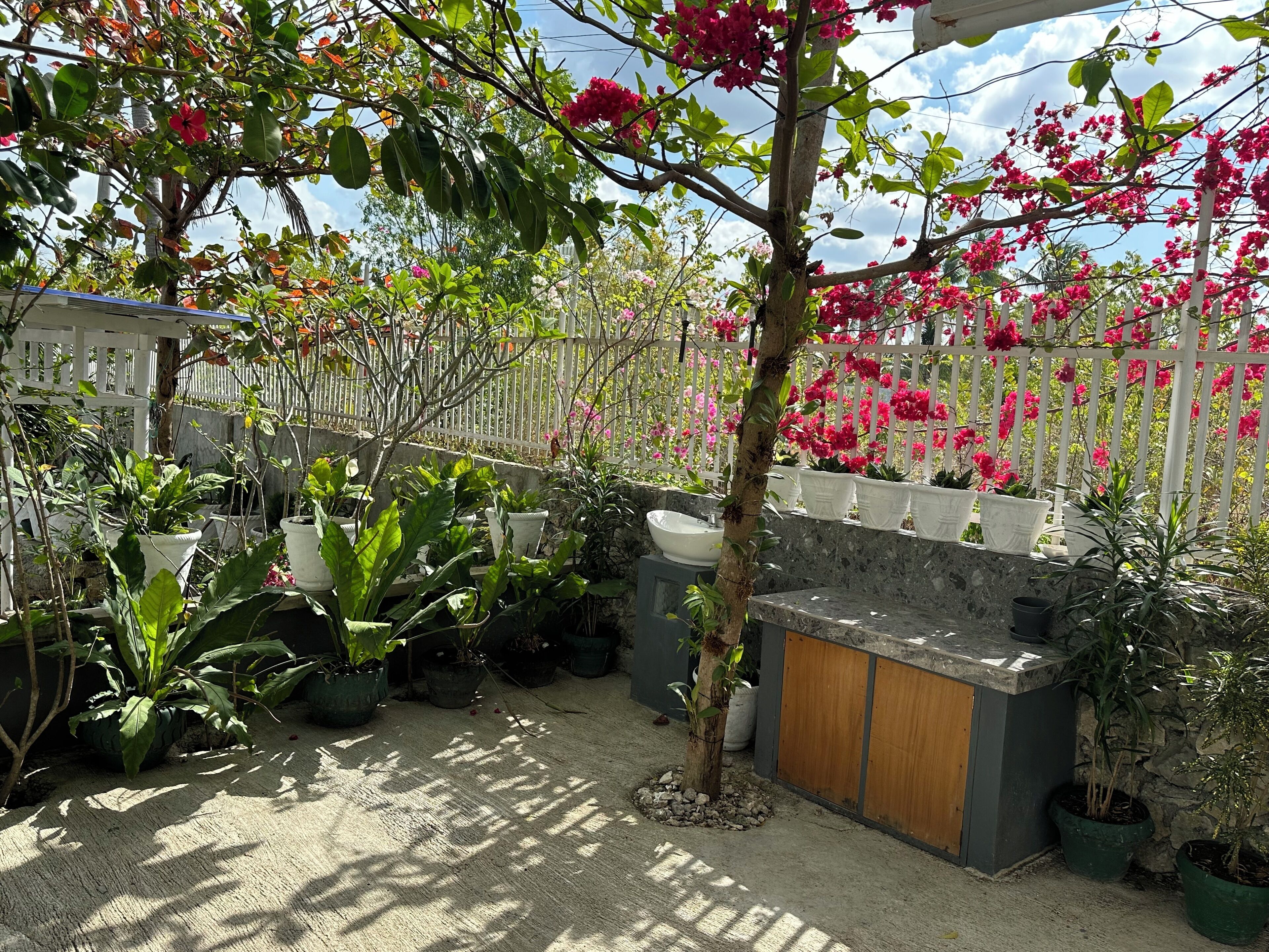 A garden area with potted plants, a white fence, and a sink.