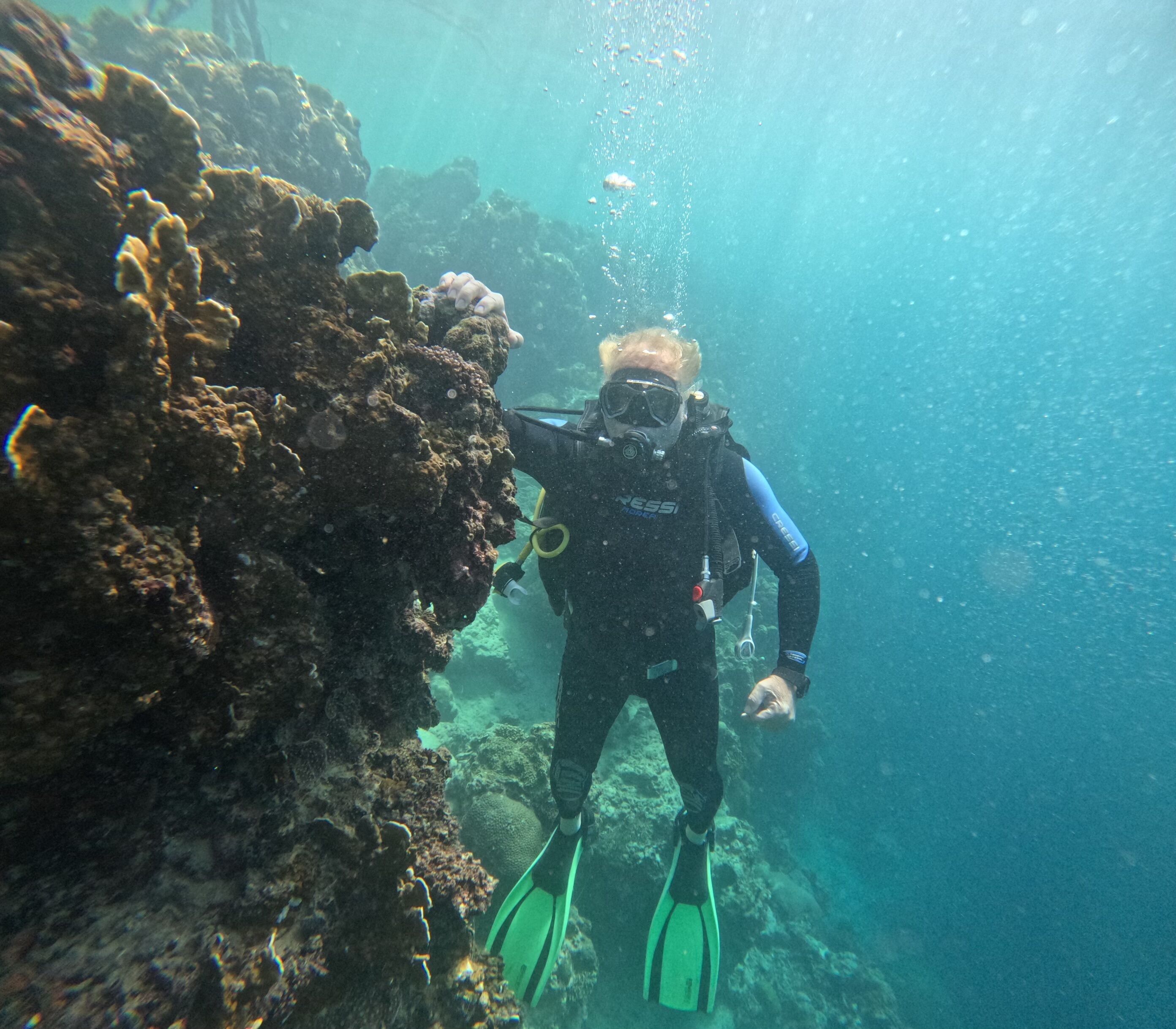 A diver exploring underwater coral formations.