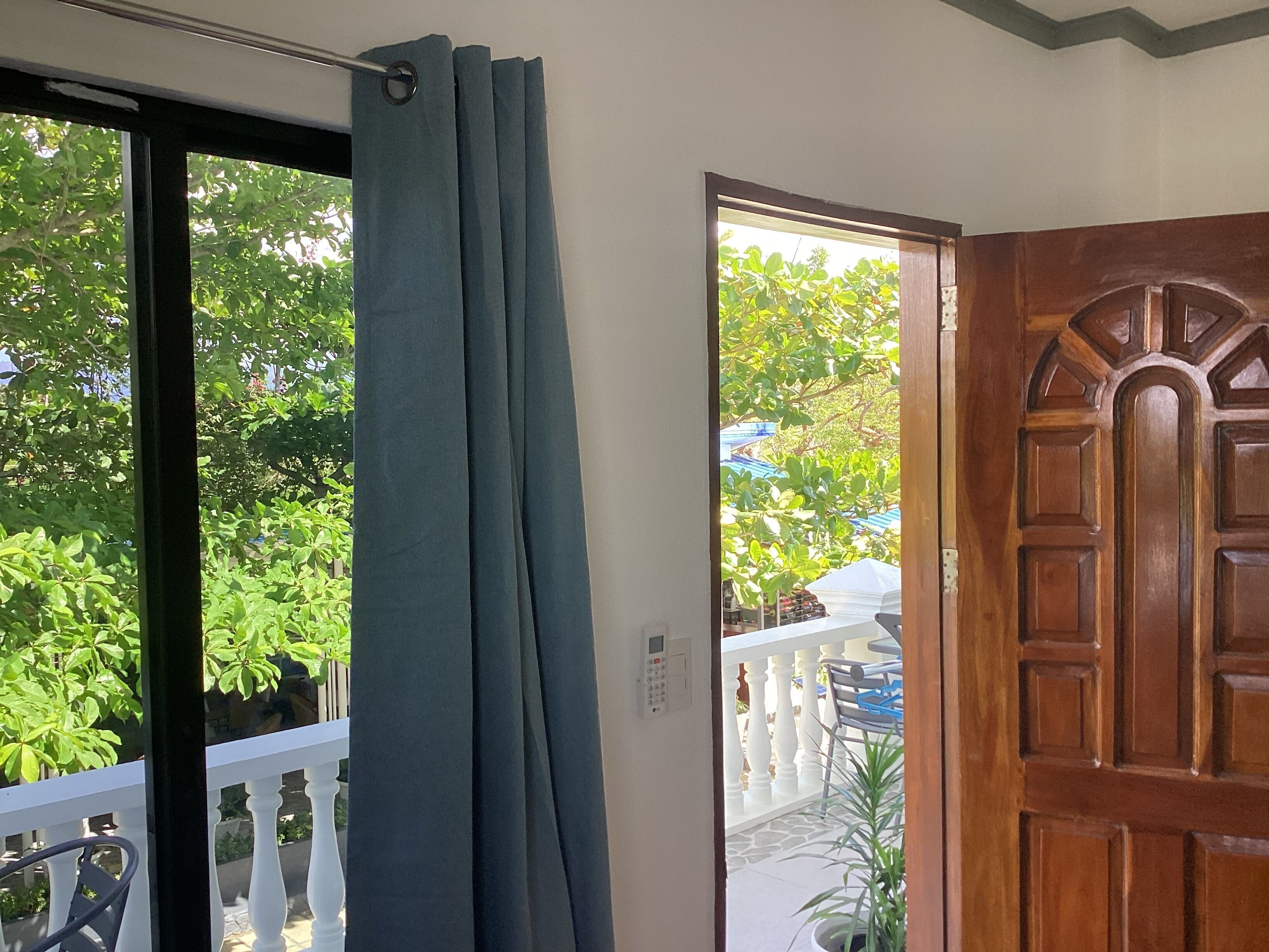 A room with a wooden door, a window with blue curtains, and a view of greenery outside.