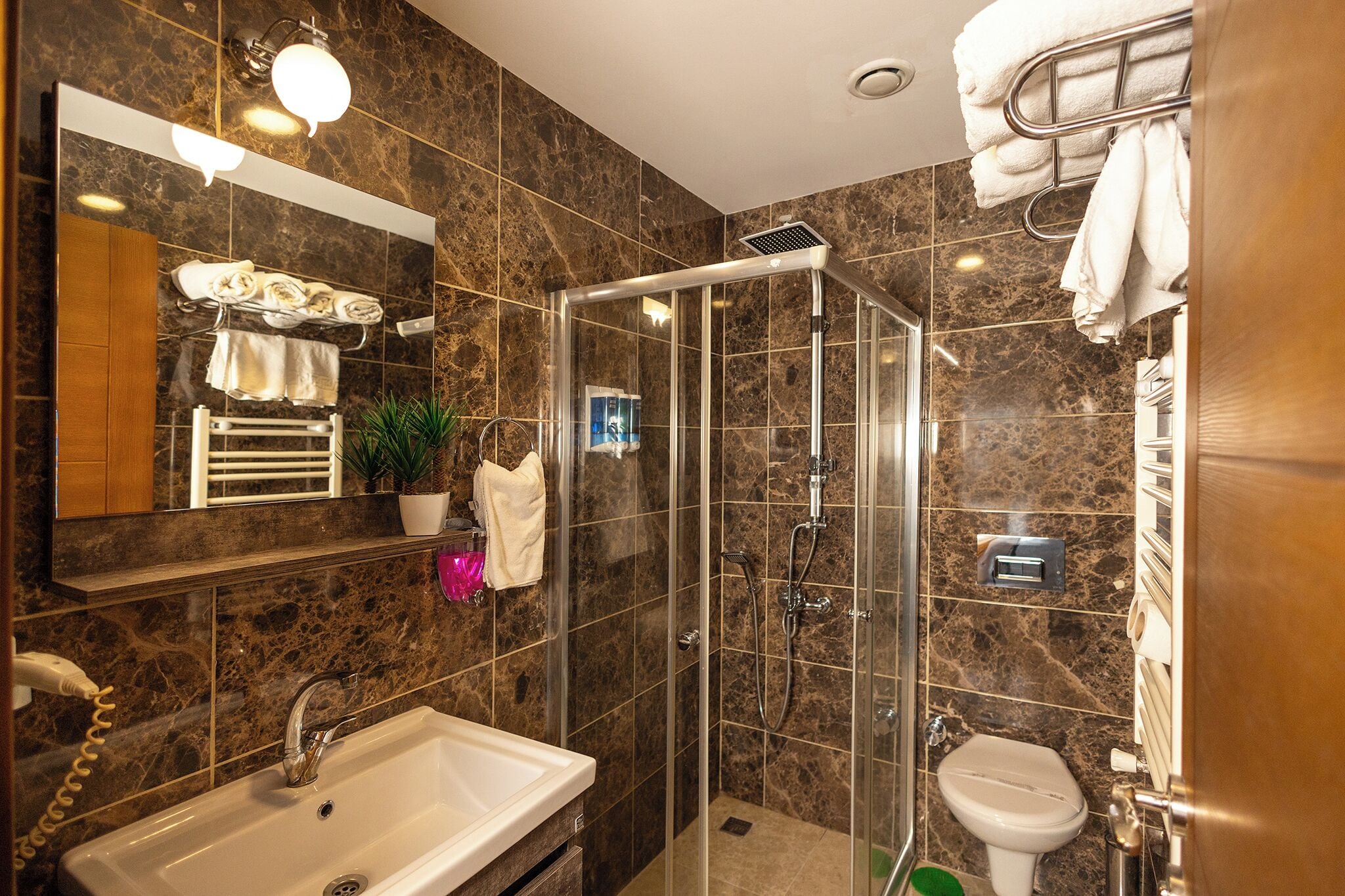 A modern bathroom with a glass-enclosed shower, a sink, and a toilet.