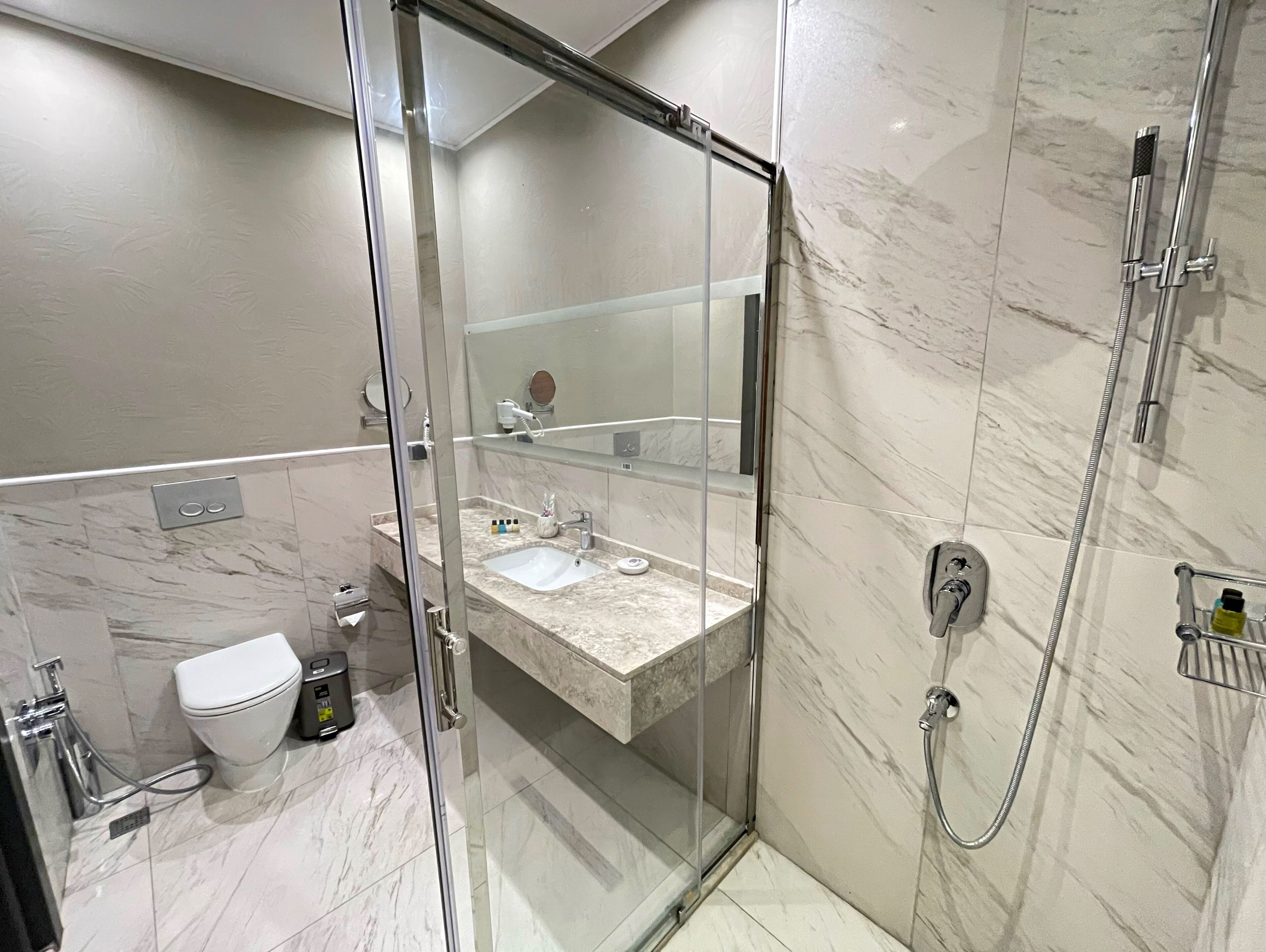 A modern bathroom with a glass shower enclosure, a marble sink, and a toilet.