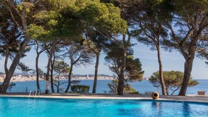 Une piscine à l’eau d’un bleu cristallin, entourée d’arbres et offrant une vue imprenable sur le paysage urbain et la mer.