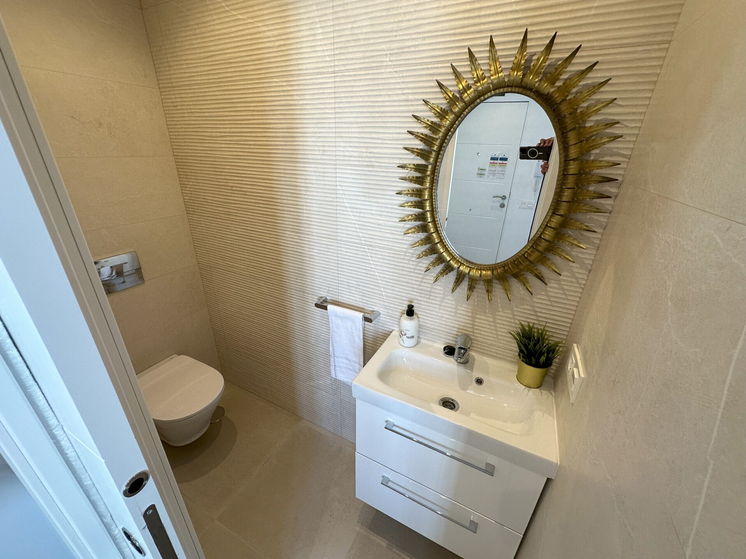 A bathroom with a toilet, sink, and mirror.