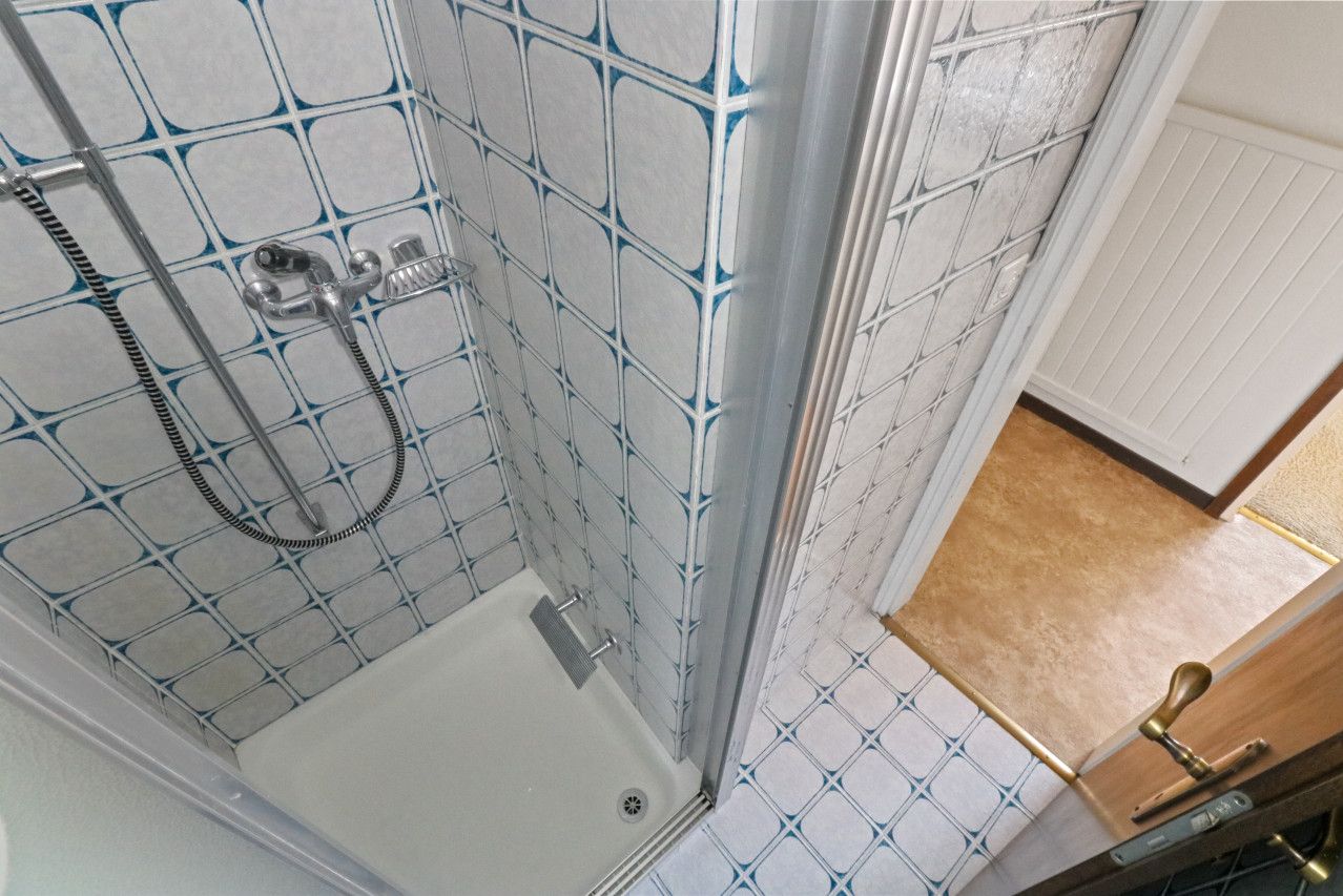 Ducha con puerta de cristal y manija de metal, paredes con azulejos de un diseño geométrico, y puerta de madera con manija de latón.