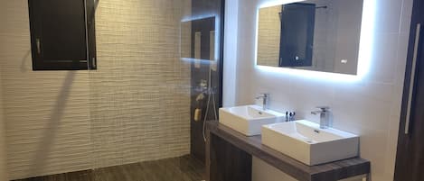 Hair dryer, towels, soap, toilet paper