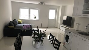 Eine moderne Küche mit Einbauwaschmaschine, einem Esstisch mit Stühlen und einem Sofa im Wohnbereich.
