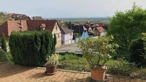 Un quartier résidentiel avec des maisons, un chemin piétonnier dallé et des plantes en pot.