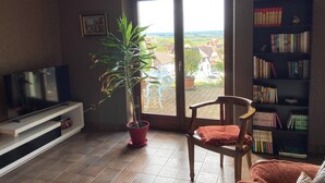 Un salon avec un téléviseur, une bibliothèque, une plante en pot, un fauteuil et une vue sur l’extérieur, visible à travers une porte coulissante.