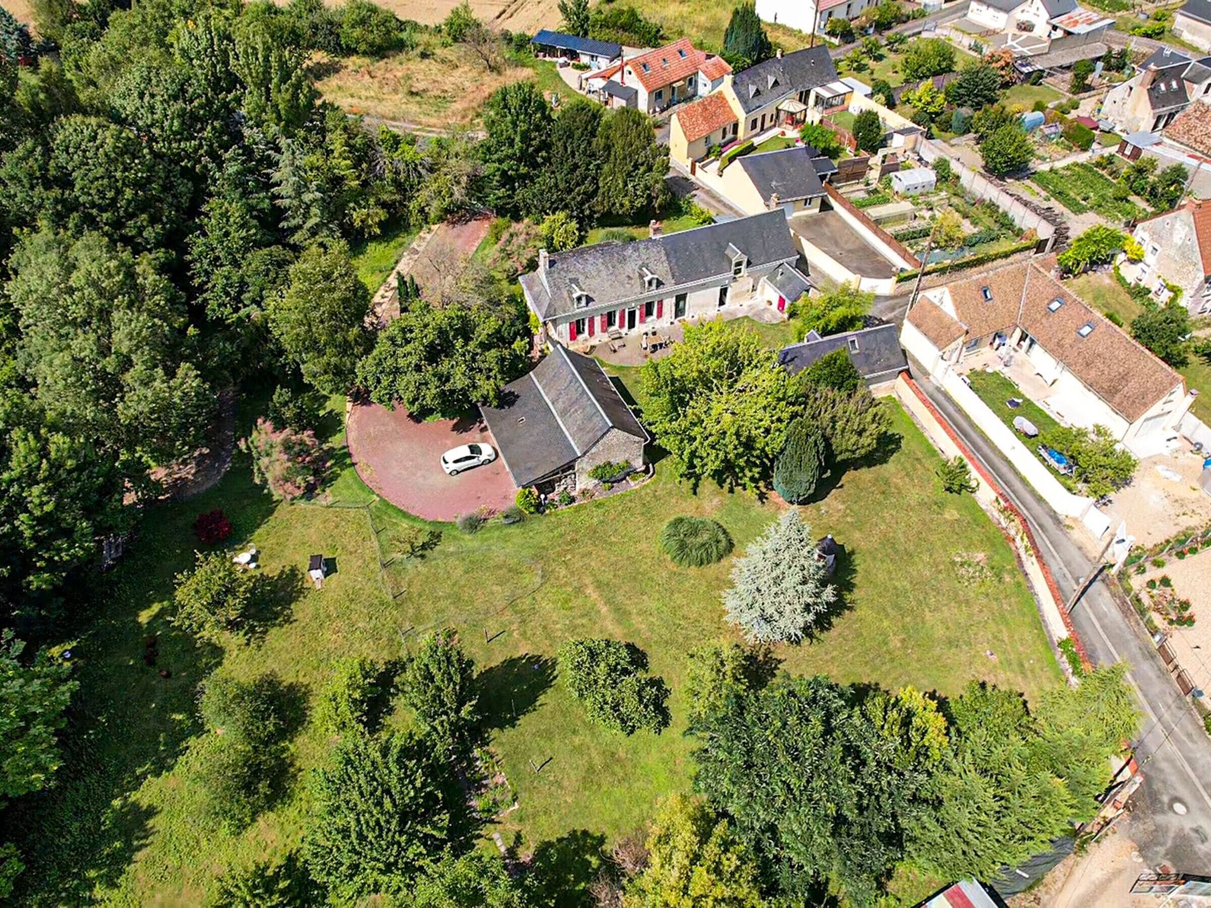 An aerial view of a residential area with houses, a driveway, and surrounding greenery.
