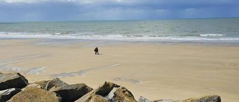 A beach with large rocks in the foreground and a person walking on the sand.