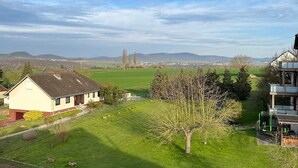Un quartier résidentiel avec des maisons, un arbre et une vue sur des collines lointaines.