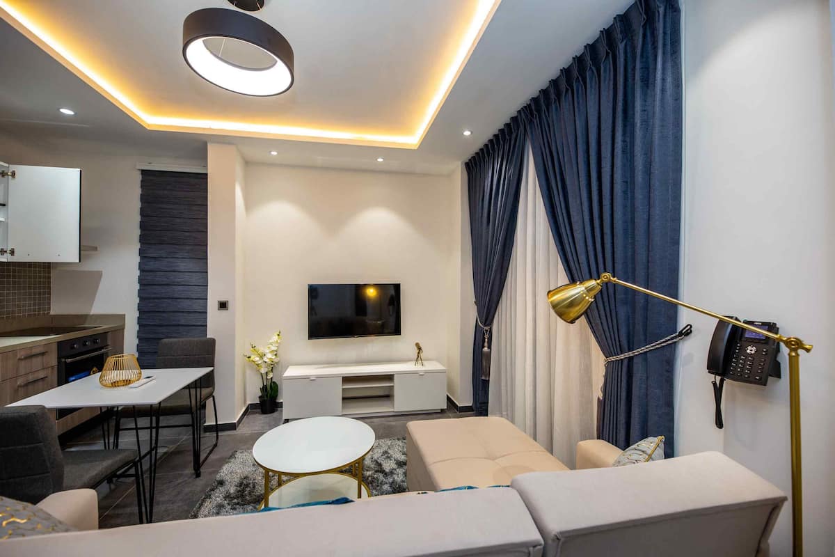 A modern living room with a sofa, a dining table, a TV, and a kitchen area.