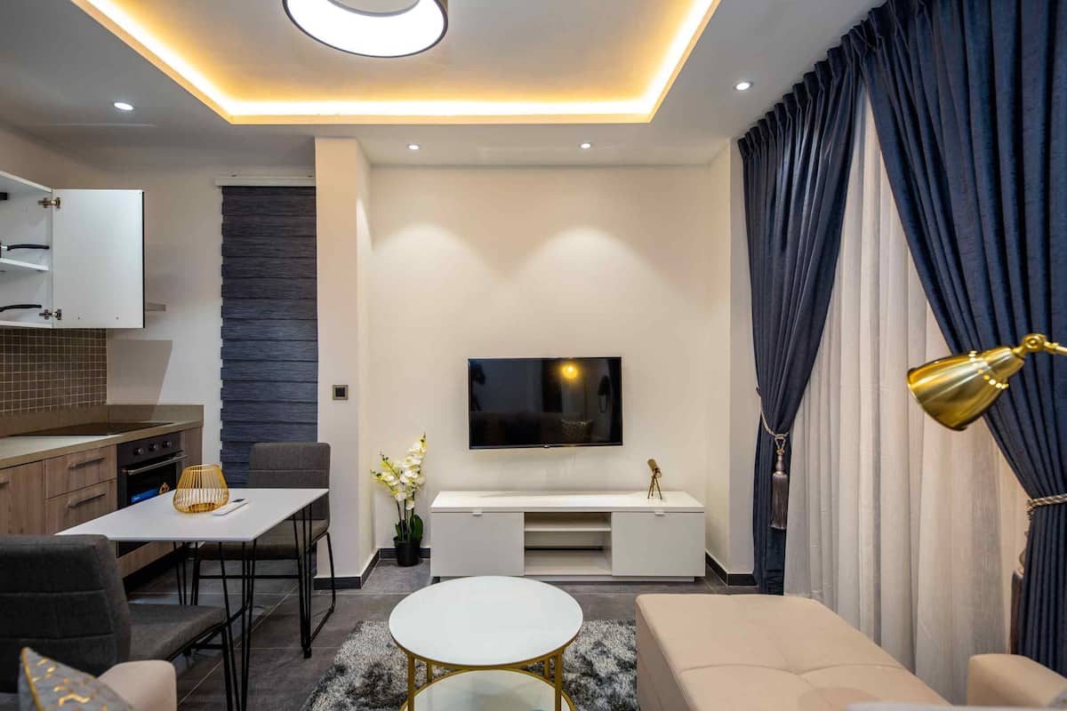 A modern living room with a flat-screen TV, a sofa, a dining table, and a kitchen area with cabinets and a countertop.