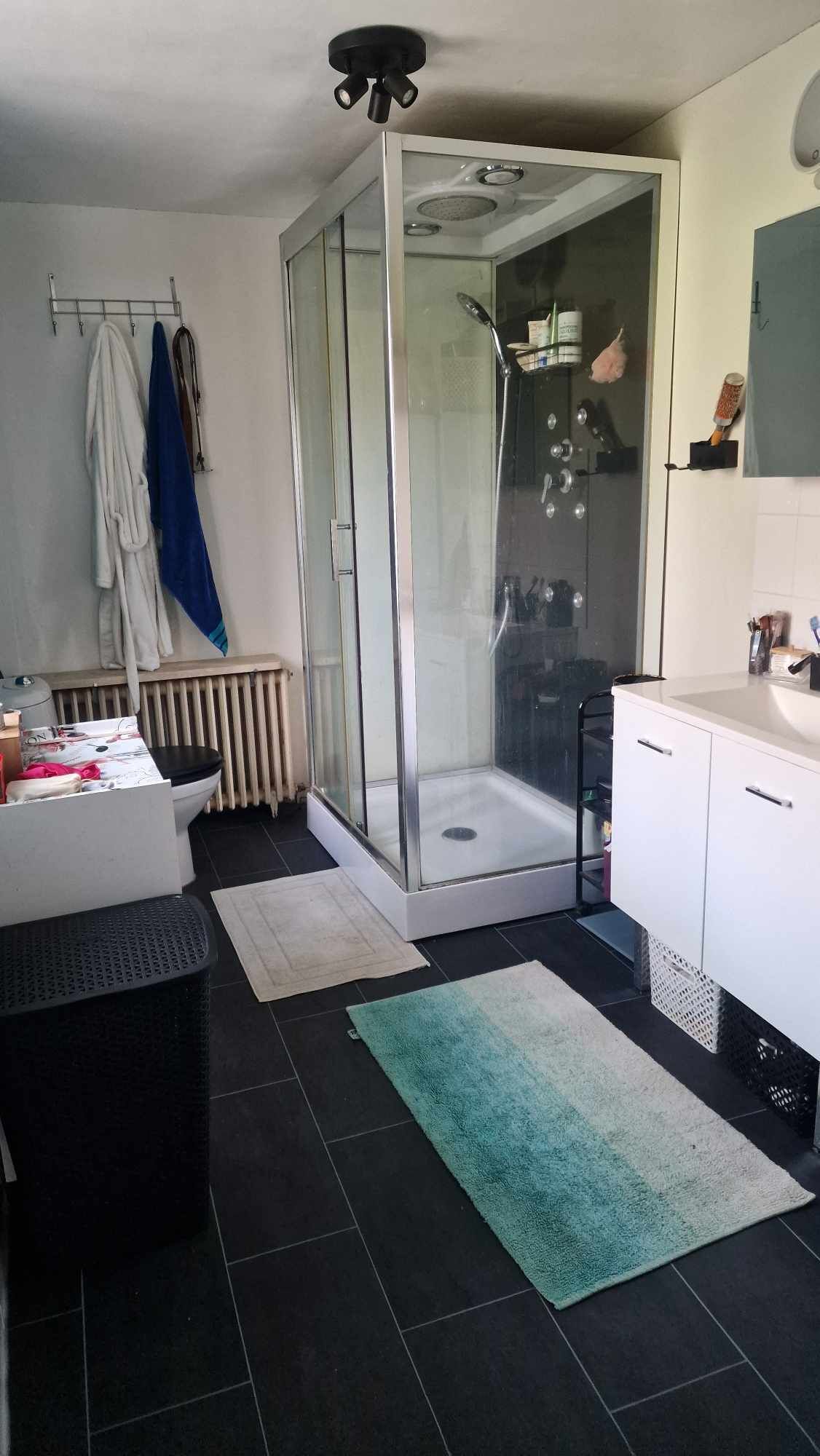 Dusj, hårføner, håndklær og såpe