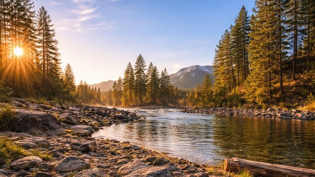A river flowing through a rocky landscape with dense forest and mountains in the background.