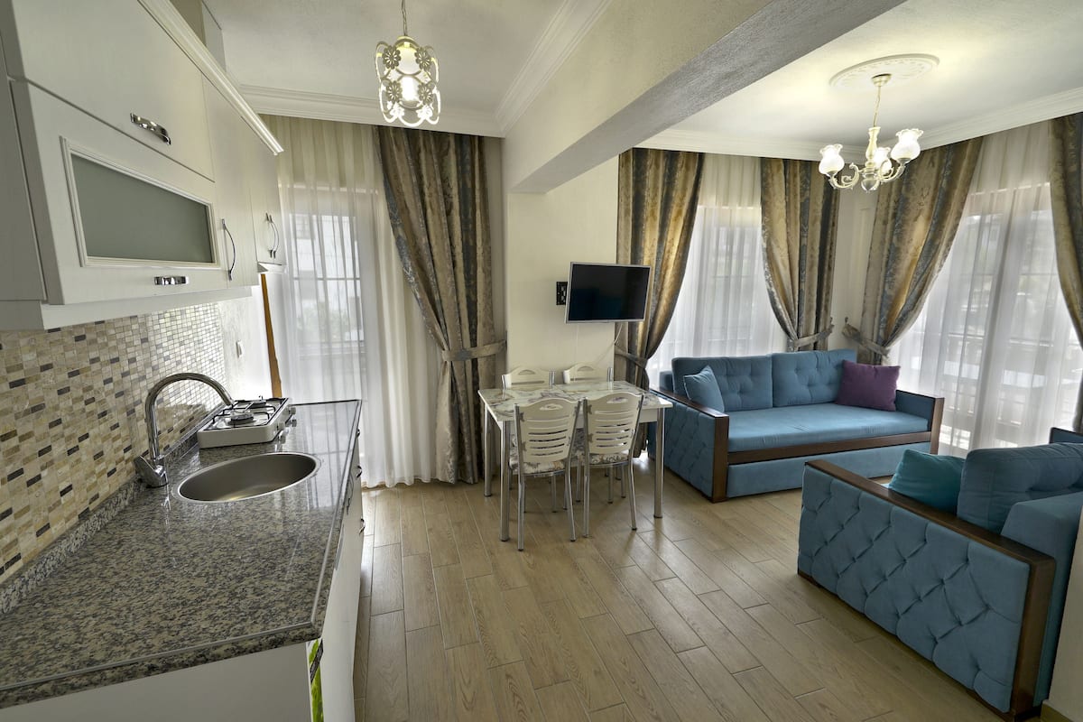 A modern living room with a sofa, dining table, and kitchen area including a sink and stove.