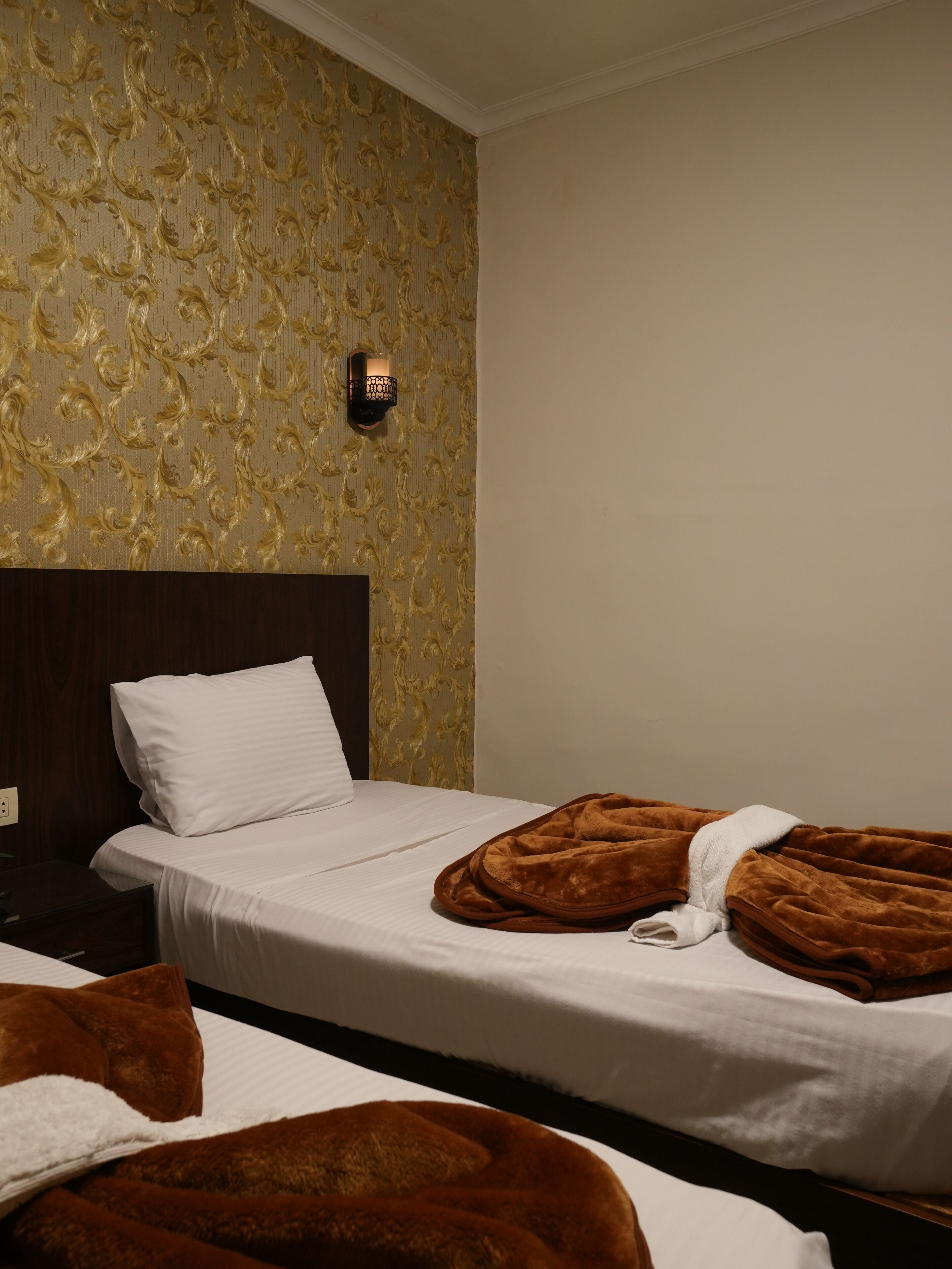 Habitación de hotel con dos camas individuales, cabecero de madera, papel tapiz estampado y lámpara de pared.
