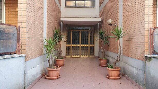 A corridor with potted plants, a metal gate, and a building entrance. - Room in B&B - Comfortable Room With Spacious Kitchen - Suite Colosseo (Rome)