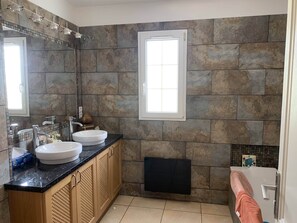 Shower, hair dryer, soap, toilet paper