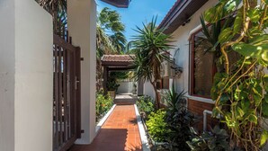A narrow pathway leading to a house with a tiled roof, surrounded by lush greenery and a white wall.