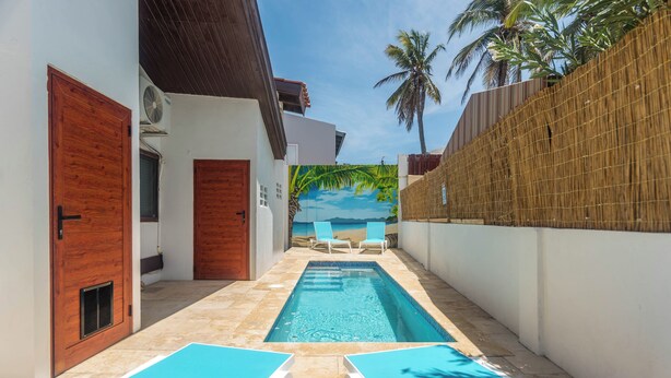 A swimming pool with lounge chairs, a wooden door, and a mural of a beach scene.