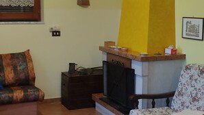 A living room with a fireplace, a sofa, a television, and a decorative wall piece. - 2 Bedroom Apartment in Campania (Campania)