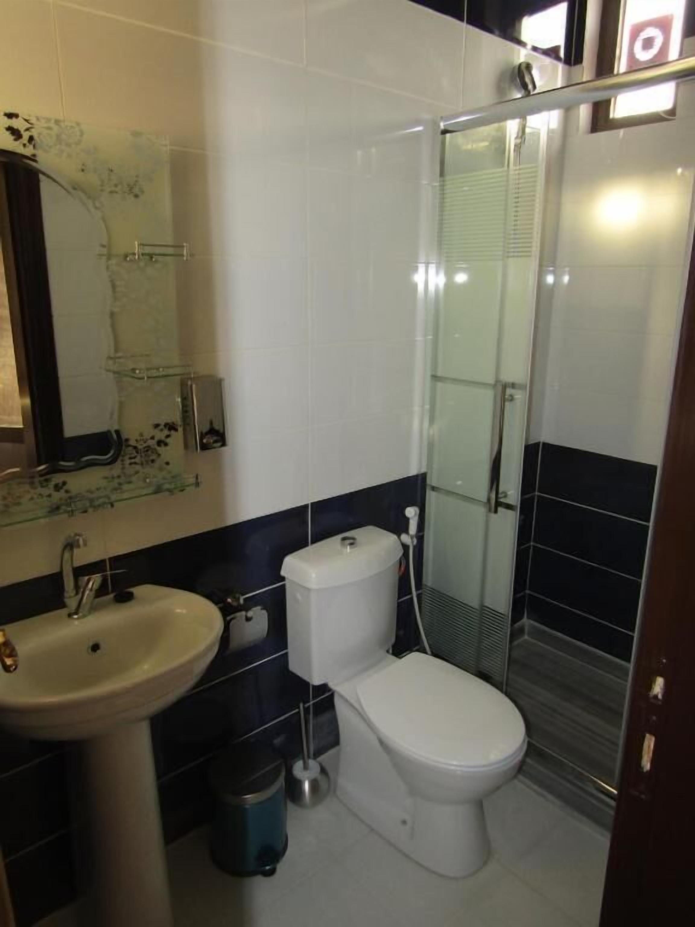 Een badkamer met een wastafel, toilet en douchecabine met glazen wanden.