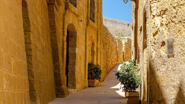 A narrow stone corridor with arched doorways and potted plants. - Stay inside the walls of Gozo Cittadella fortress (Ir-Rabat Għawdex)