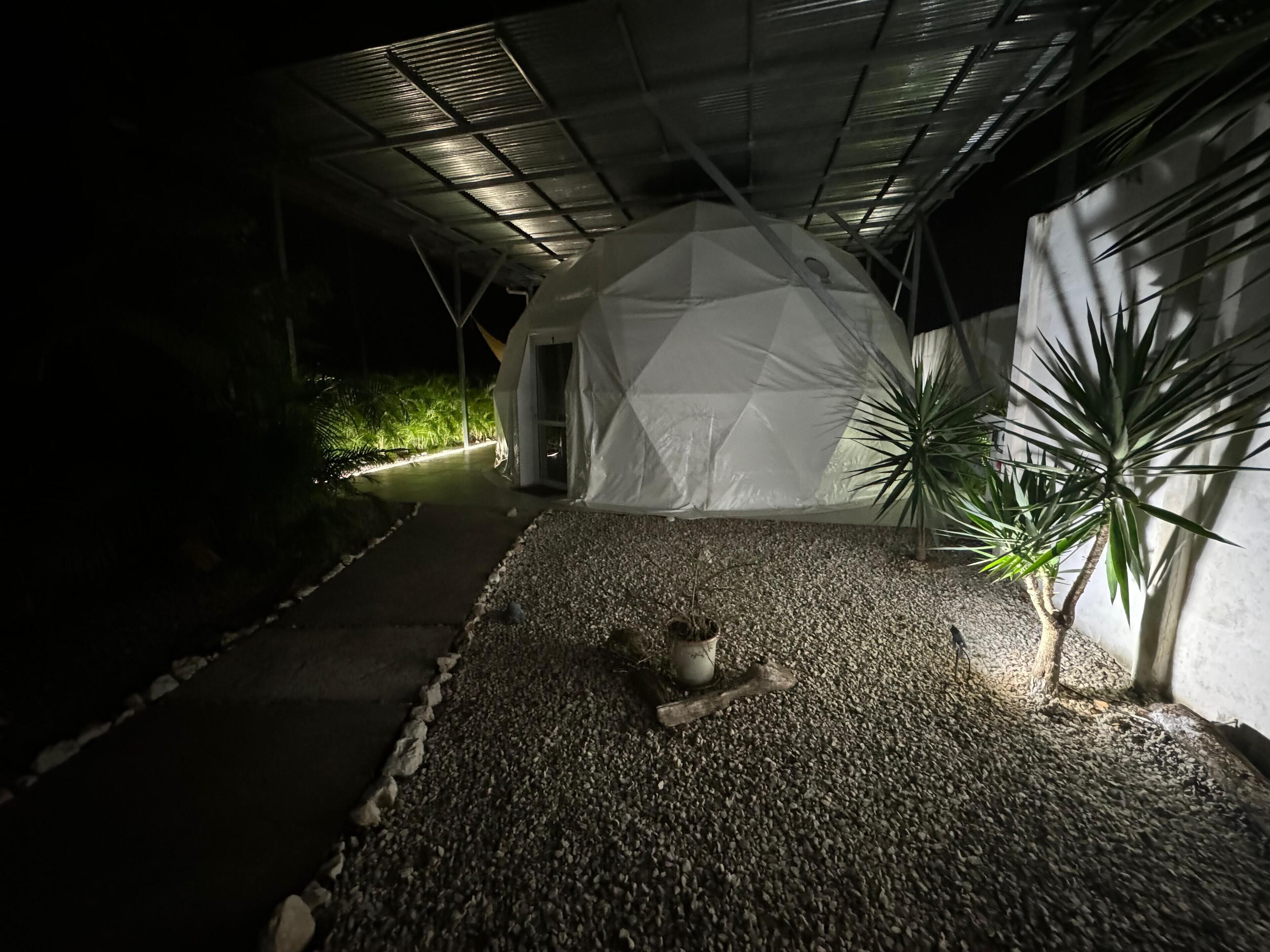 A tent-like structure with a gravel pathway leading to it, surrounded by greenery and a metal roof overhead.