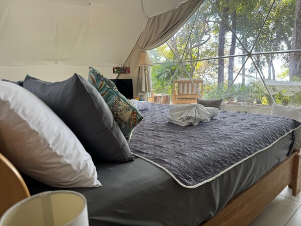 A bed with a grey quilt and pillows, a bedside table with a lamp, and a window with a view of trees.