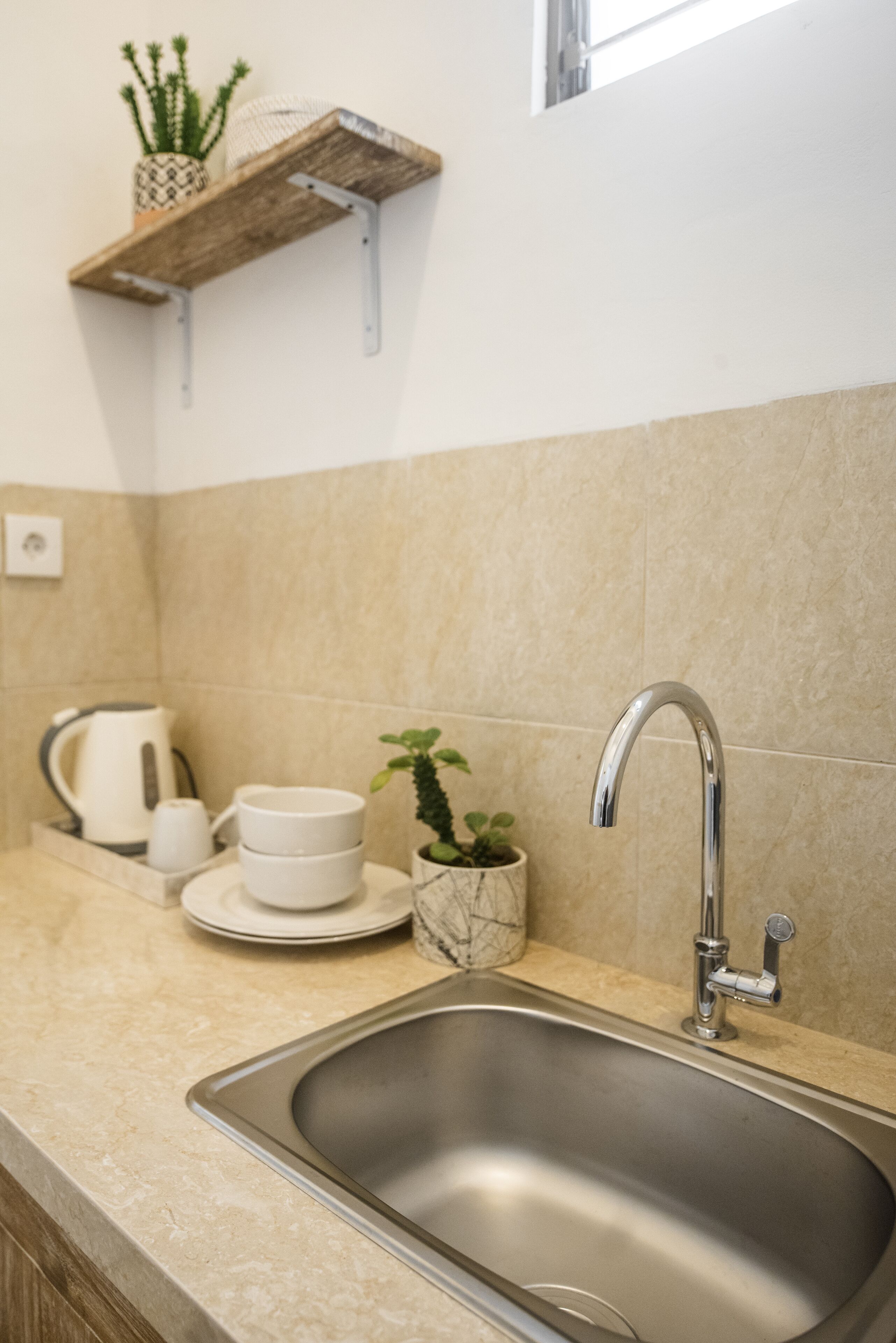 A kitchen with a stainless steel sink, a wooden shelf with a potted plant, and a kettle on the counter.