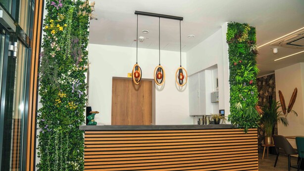 Een receptiegedeelte met een houten receptiebalie, verticale beplanting en hanglampen.