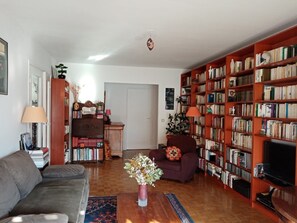 Télévision, lecteur de DVD, livres, chaîne hi-fi