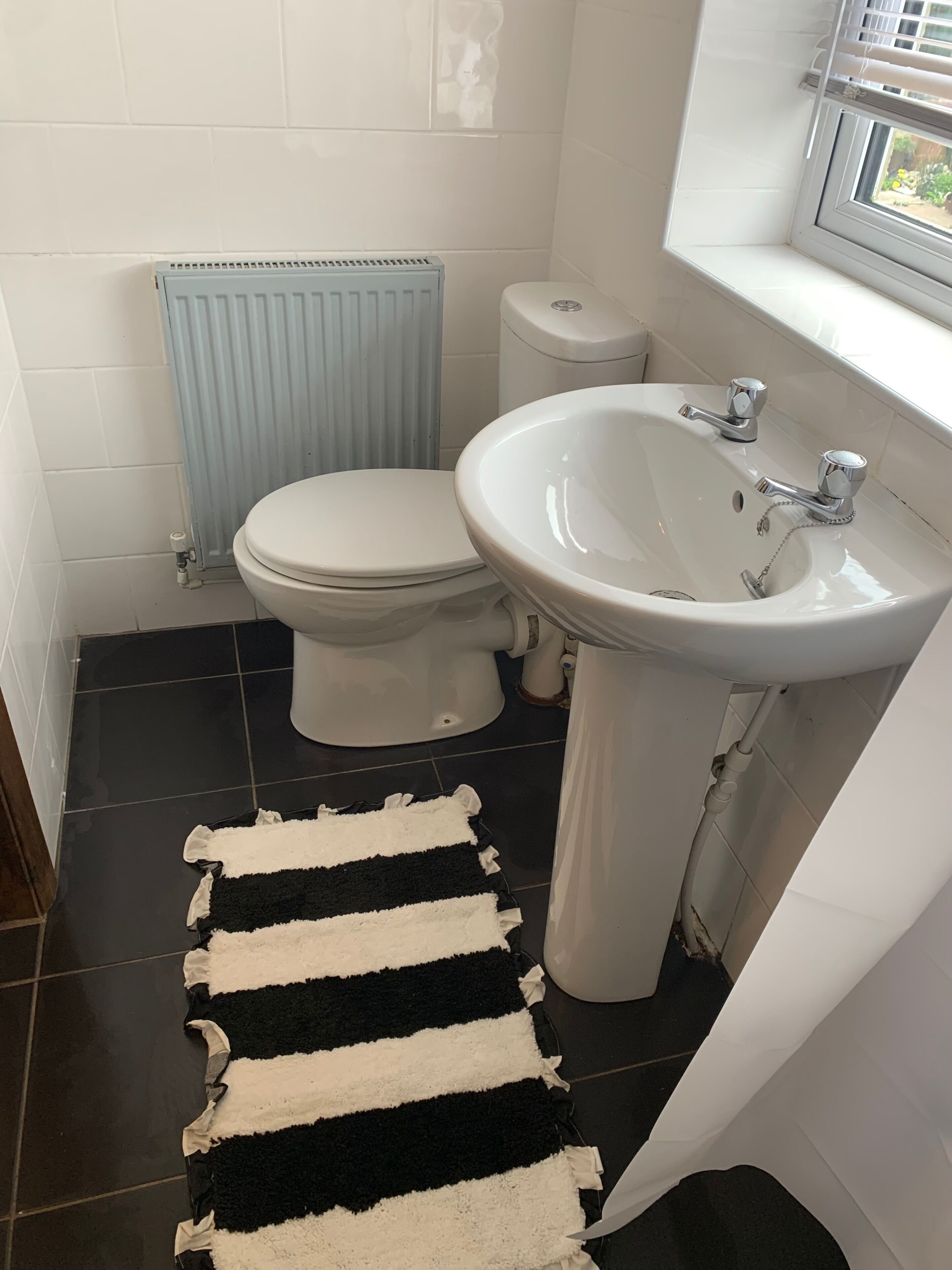 Un baño con inodoro, lavabo y radiador.