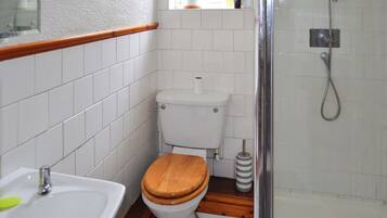 Een kleine badkamer met een wit toilet, een houten wastafel en een douche.