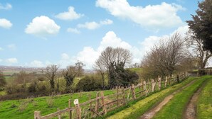 Een landelijk landschap met een onverharde pad, houten omheining en groene velden.