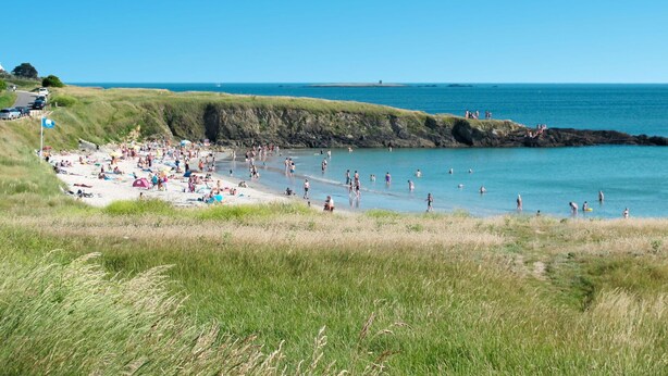 A beach with people swimming and sunbathing, grassy areas, and a clear blue sky.