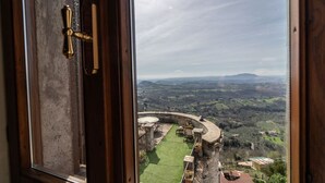 A view from a window with a brass door handle, overlooking a lush green landscape with a stone wall and a circular seating area. - Appartamento la Terrazza (Montasola)