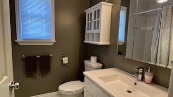Hair dryer, towels, soap, shampoo