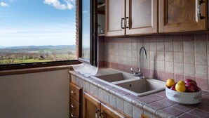 A kitchen with a large window, wooden cabinets, a sink, and a bowl of fruit on the counter.