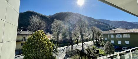En balkon med udsigt over et bjerglandskab, en belagt sti og en grøn busk.