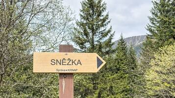 Un letrero de madera señala hacia la derecha con el texto "SNĚZKA Správa KRNAP".