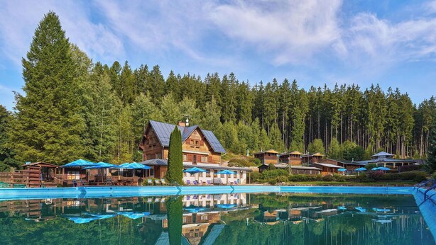 Ein Seehaus mit Schwimmbad, Holzhütten und Wald im Hintergrund.