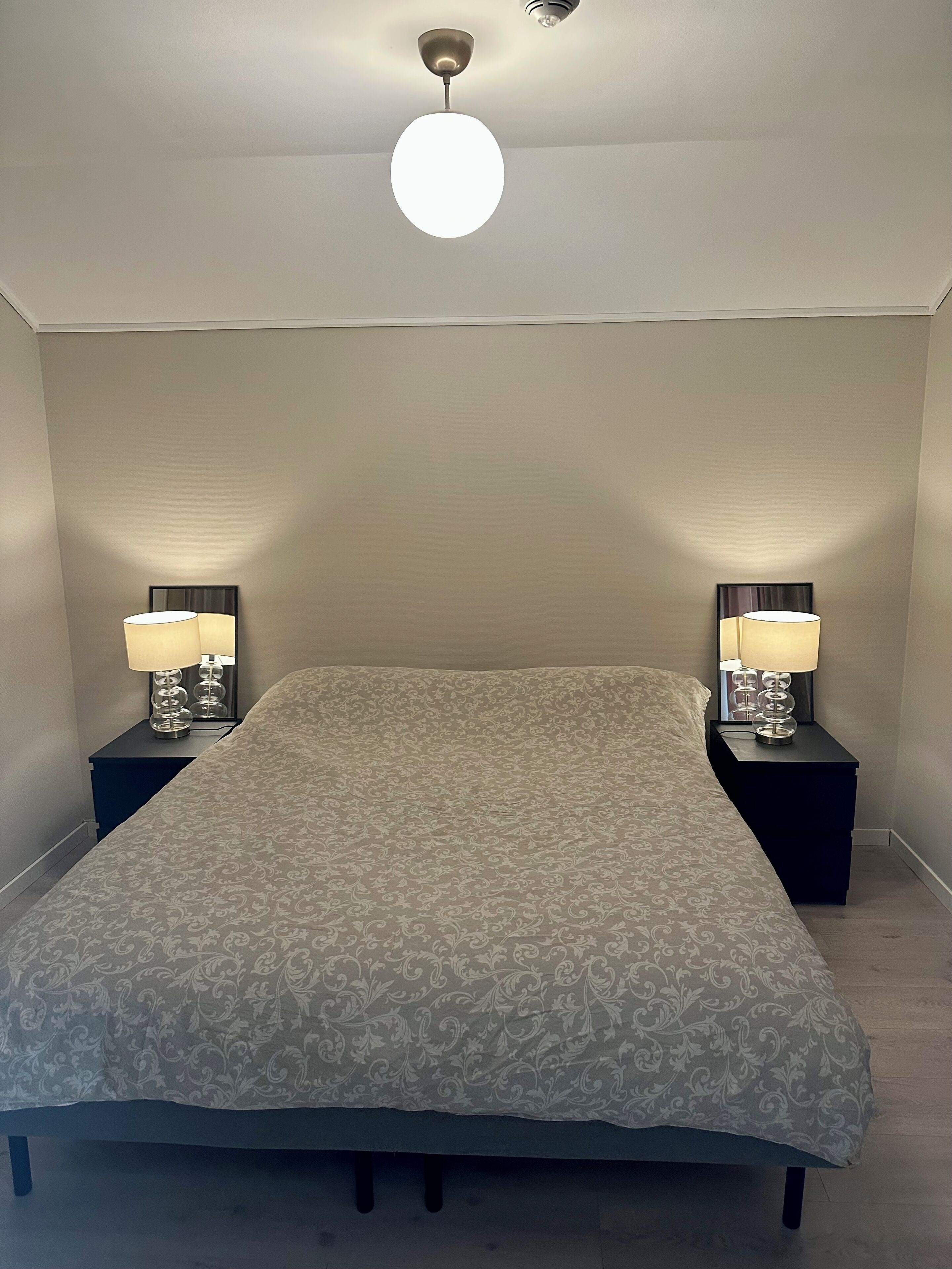 A bedroom with a large bed, two bedside tables with lamps, a ceiling fan, and a light fixture.