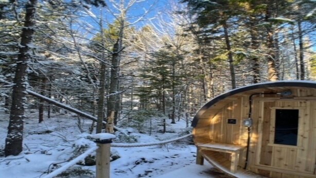 Una cabaña de madera en un bosque nevado.